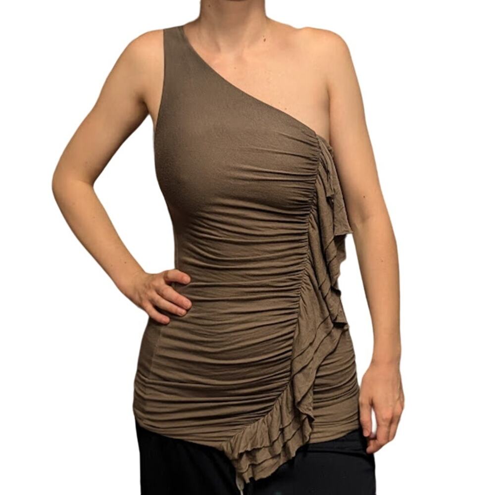 One Clothing, one shoulder olive green tank with ruffle size XS
